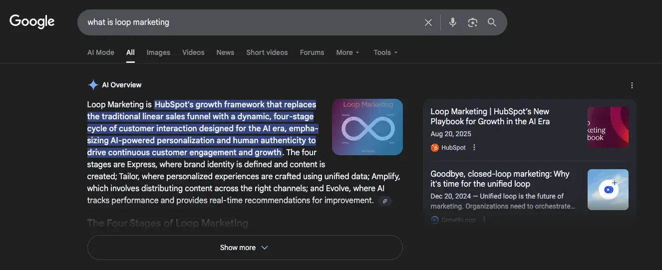 screenshot of google search results showing the ai overview for “what is loop marketing”