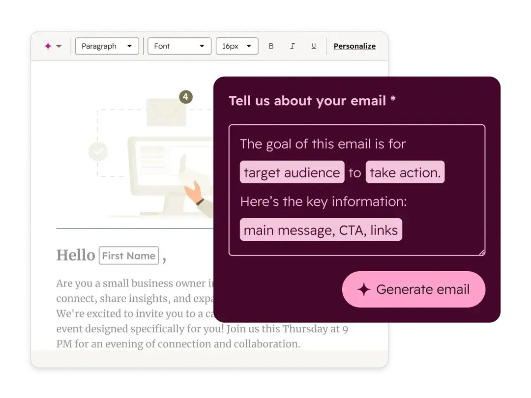 screenshot showing how content hub and breeze can help you write emails in hubspot