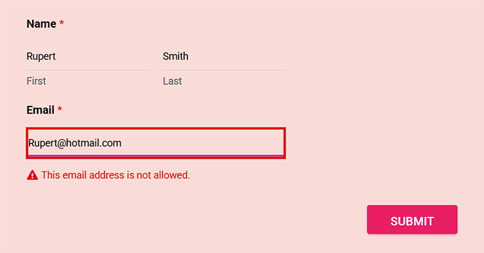 Preview of blocked email address in WPForms