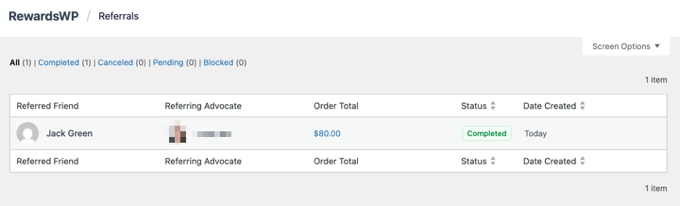 The Referrals Report in RewardsWP