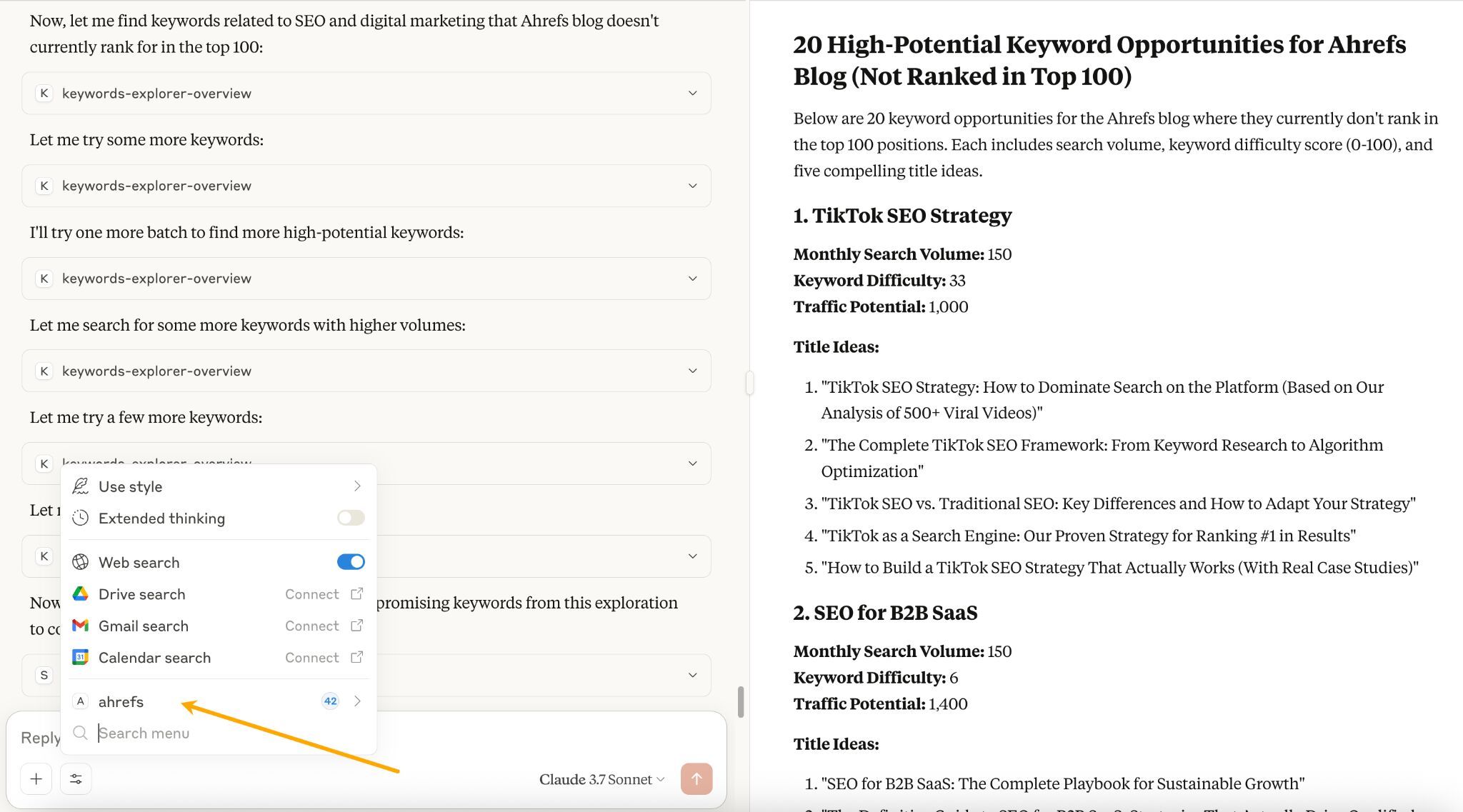 Ahrefs keyword research interface; search suggestions with "keywords-explorer-overview", "ahrefs" app shortcut, and list of "High-Potential Keyword Opportunities".