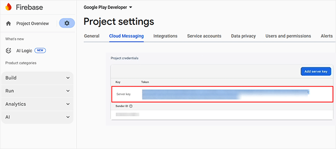 Copy server key from Firebase console Copy server key from Firebase console