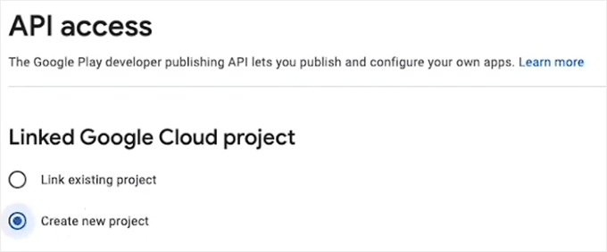 Select the Create New Project on the API access page Select the Create New Project on the API access page