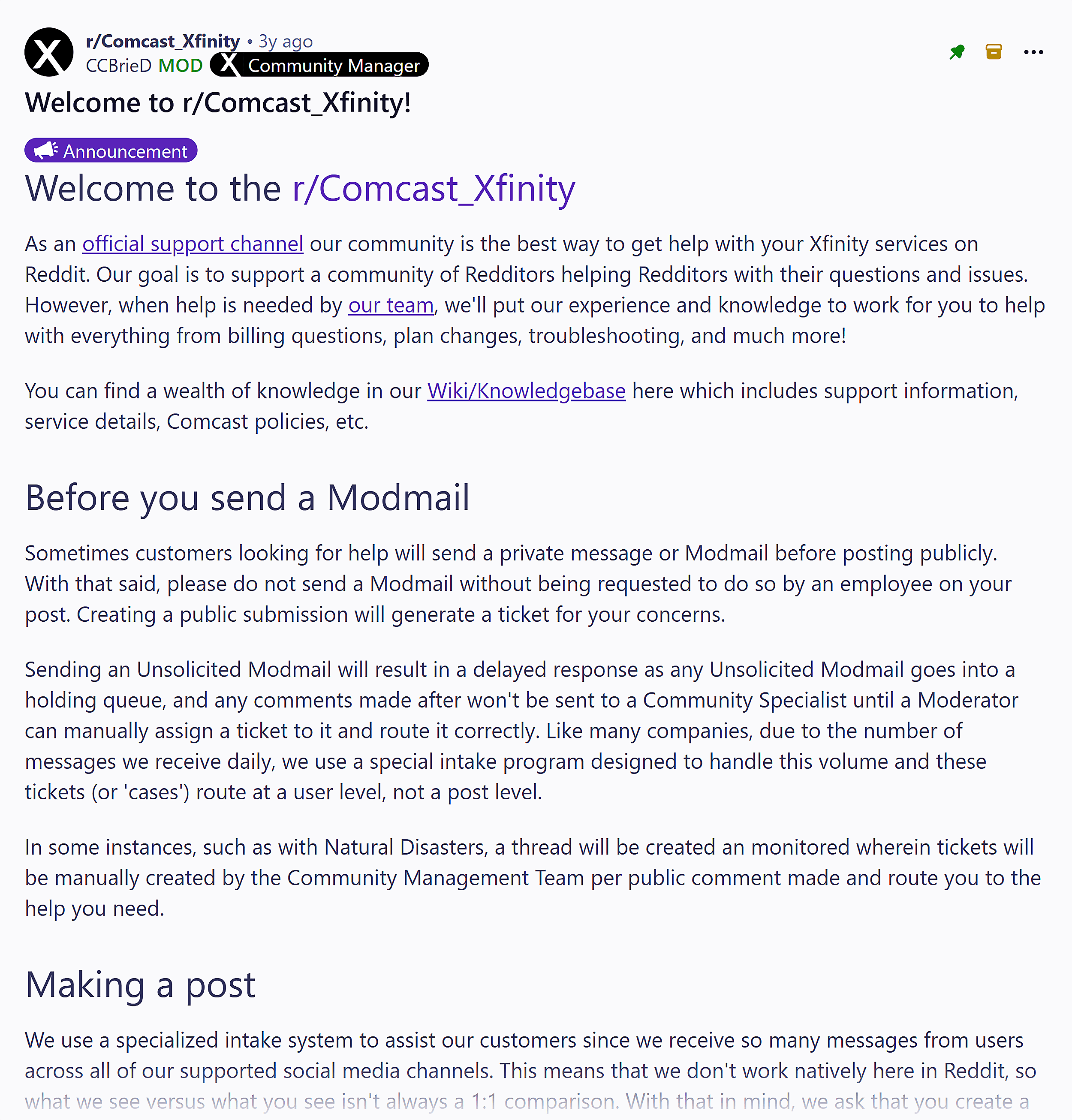 Reddit &ndash; r/Comcast_Xfinity &ndash; Welcome post