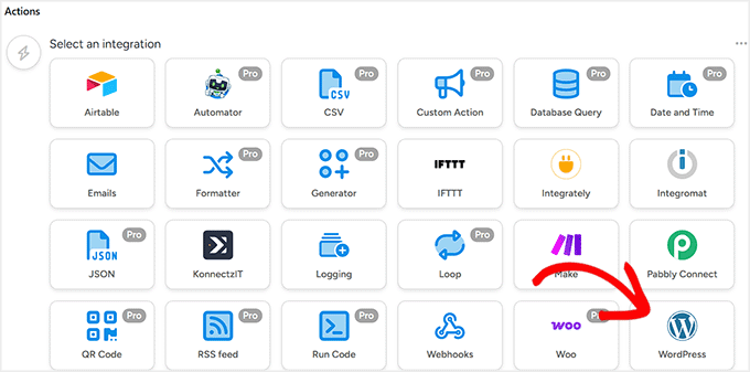 Select WordPress as the action platform in Uncanny Automator