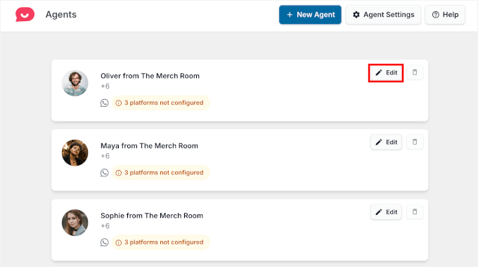 The Edit button for an agent in WPChat