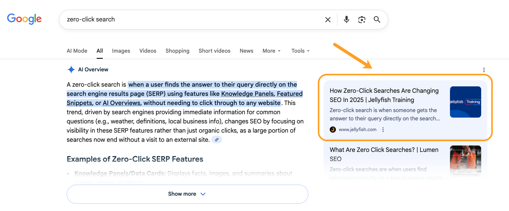Google search results page for"zero-click search" with AI Overview definition and article links highlighted on right side