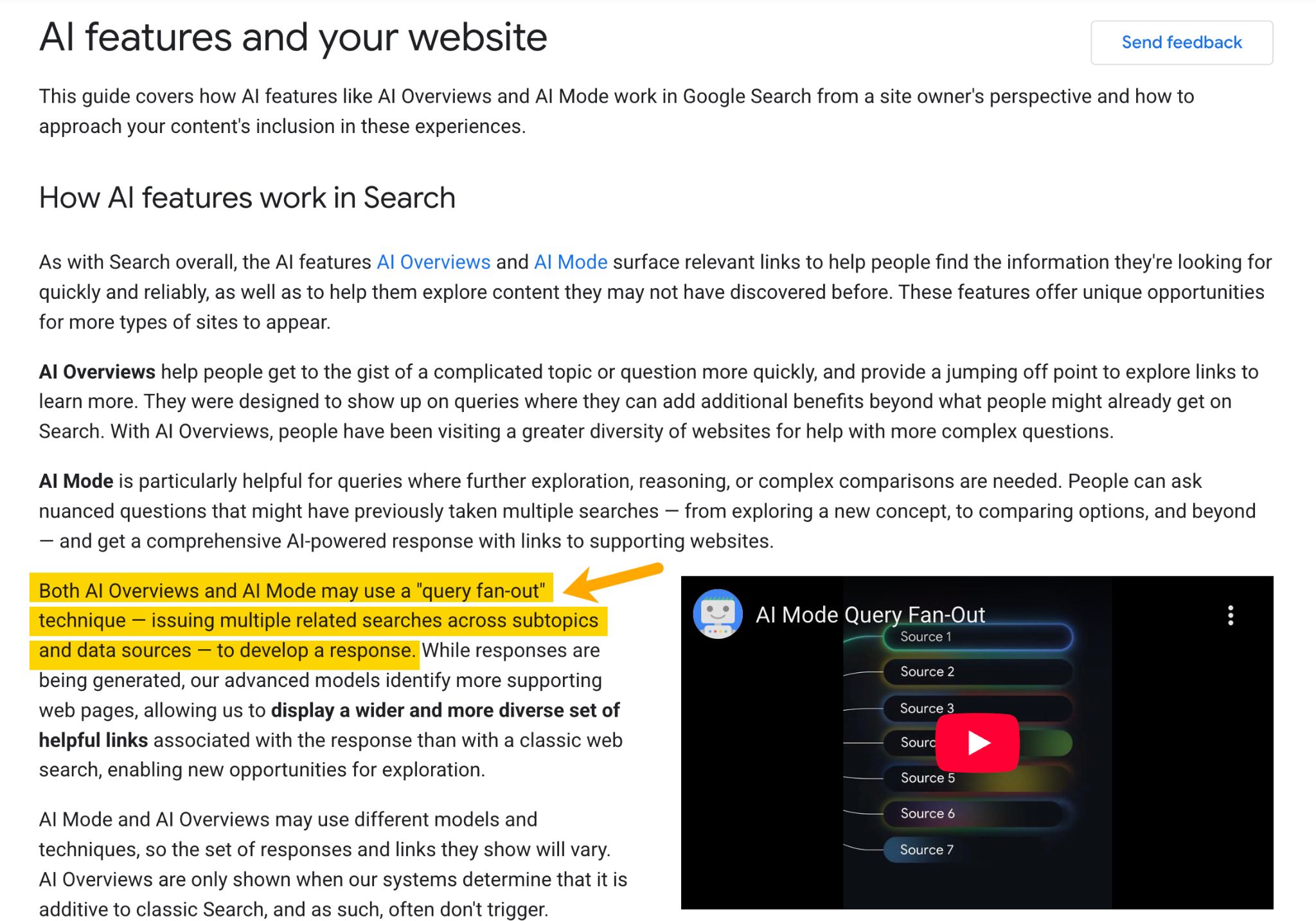 Google official documentation screenshot with copy highlighted reading "Both AI Overviews and AI Mode may use a 'query fan-out' technique—issuing multiple related searches across subtopics and data sources—to develop a response."