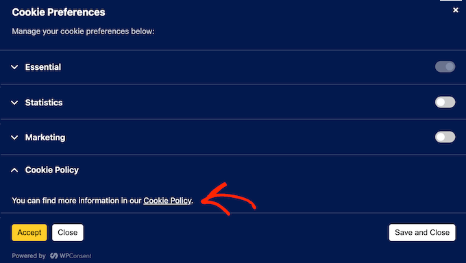 Viewing the cookie policy on a website, blog, or WooCommerce store 