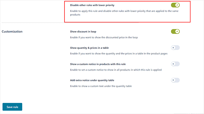 Toggle the switch to disable lower priority rules
