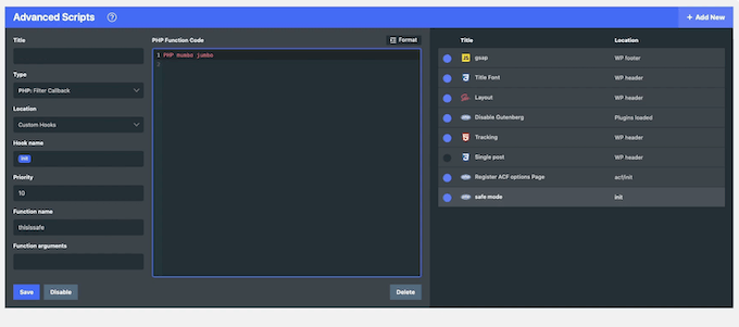 The Advanced Scripts code snippets plugin 