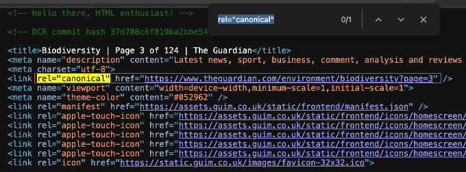 Example of a Canonical Tag in the Source Code of Paginated Content
