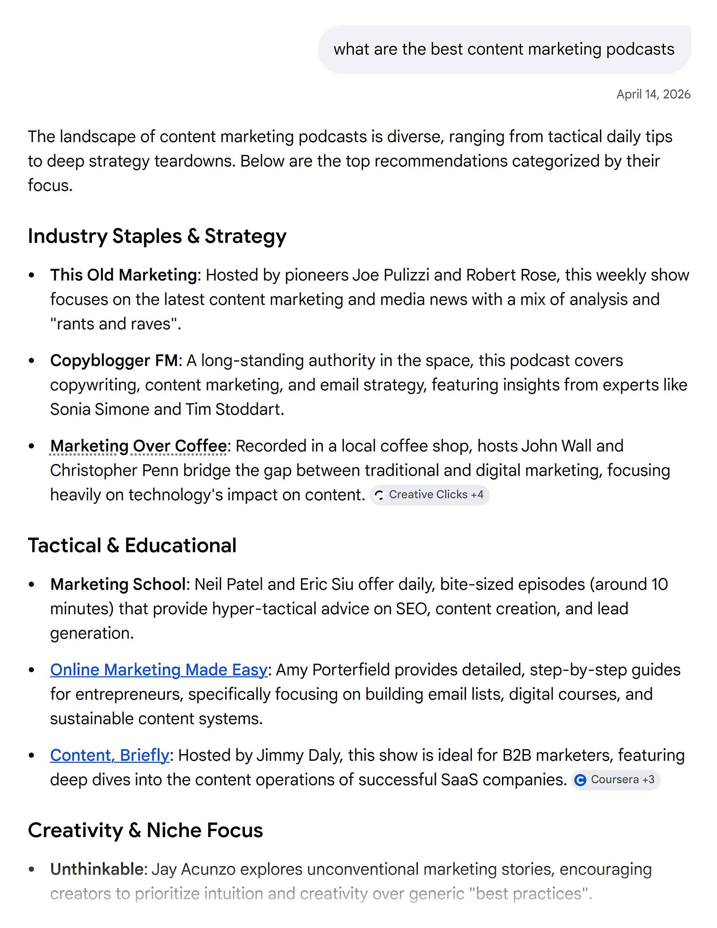 Google AI Mode &ndash; Best content marketing podcasts
