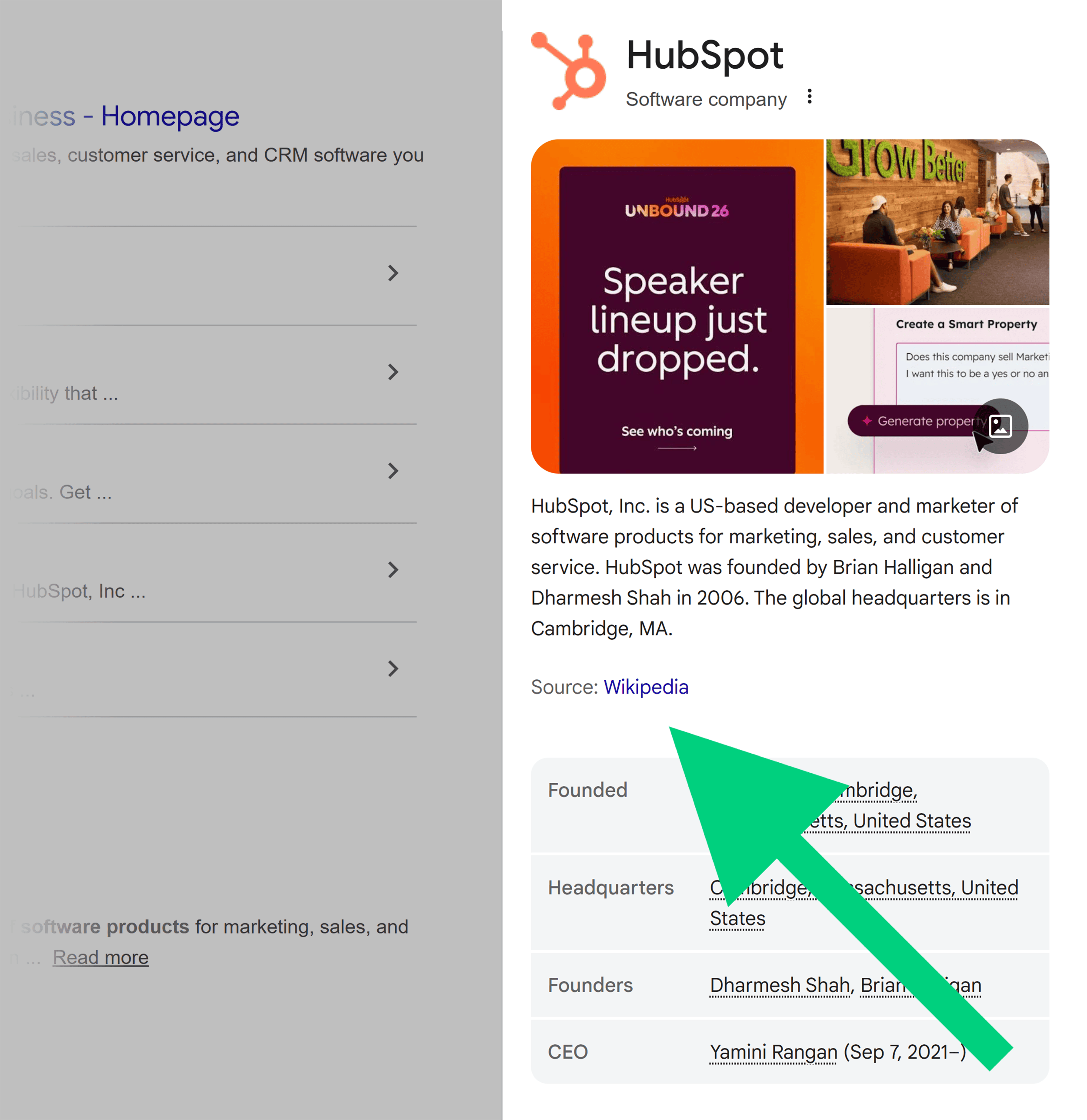 Google SERP &ndash; HubSpot knowledge graph