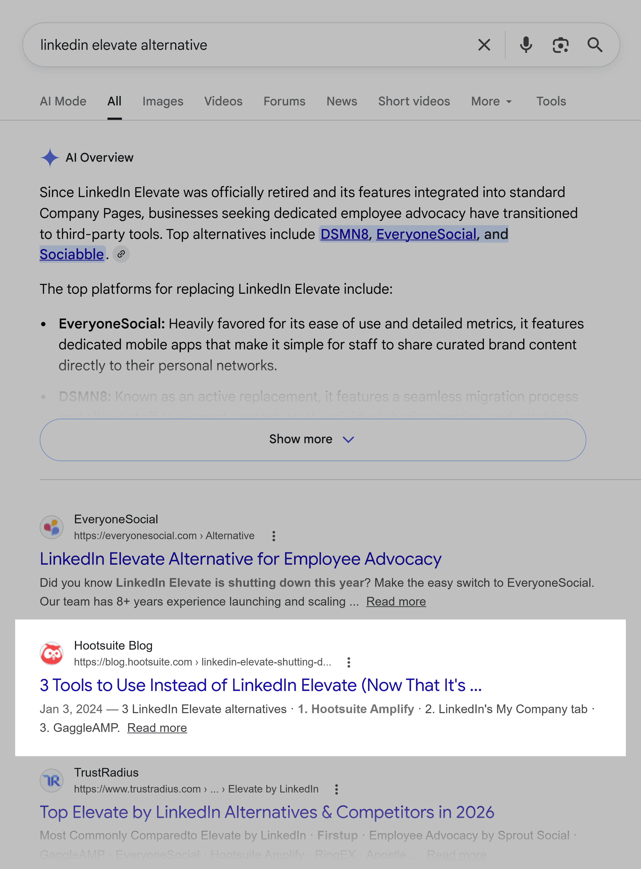 Google SERP &ndash; LinkedIn Elevate alternative