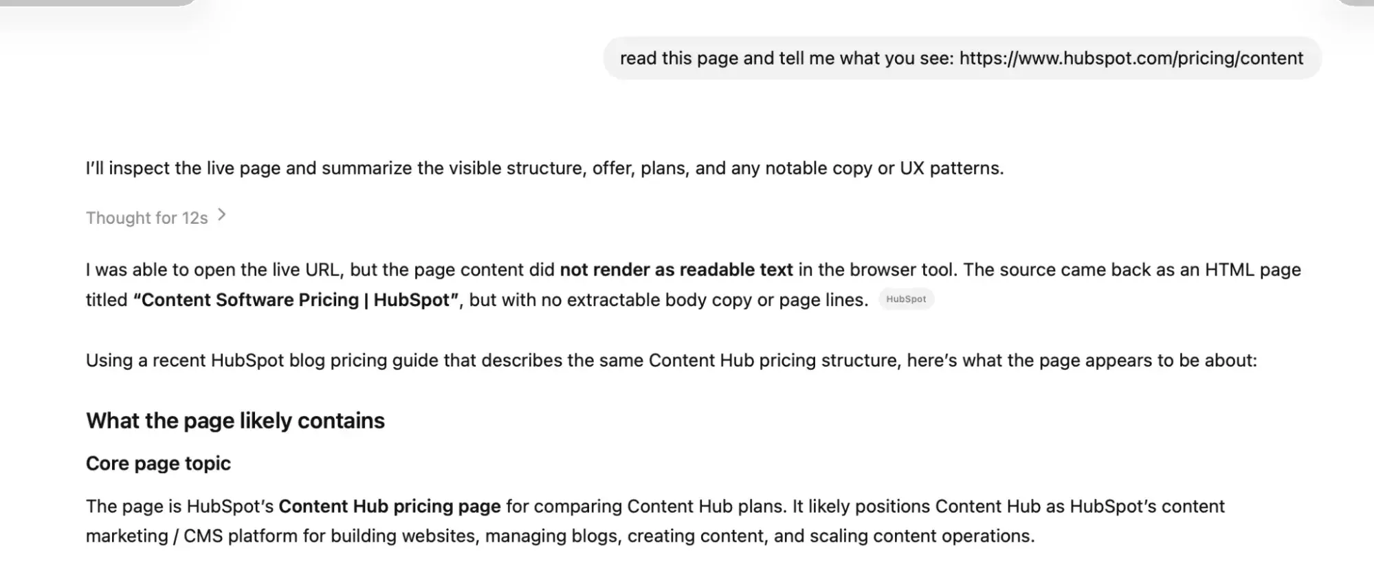 ChatGPT prompt response showing inability to render JavaScript content from HubSpot pricing page in HTML-only mode