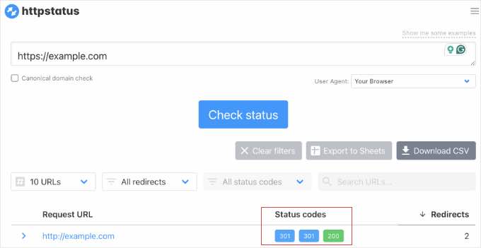 httpstatus.io showing 301 status for old domain URL resolving to new domain