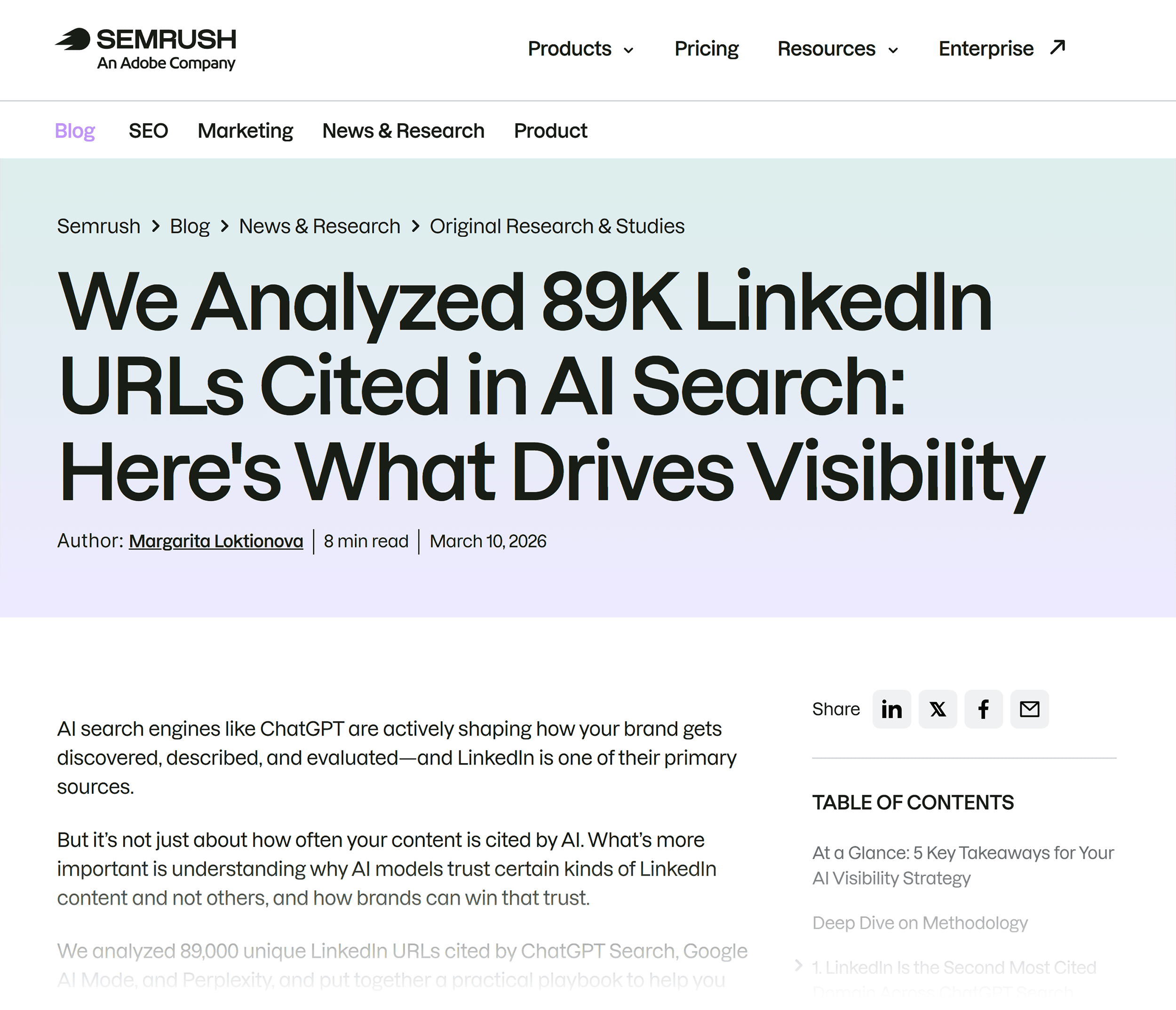 Semrush blog &ndash; LinkedIn AI visibility study