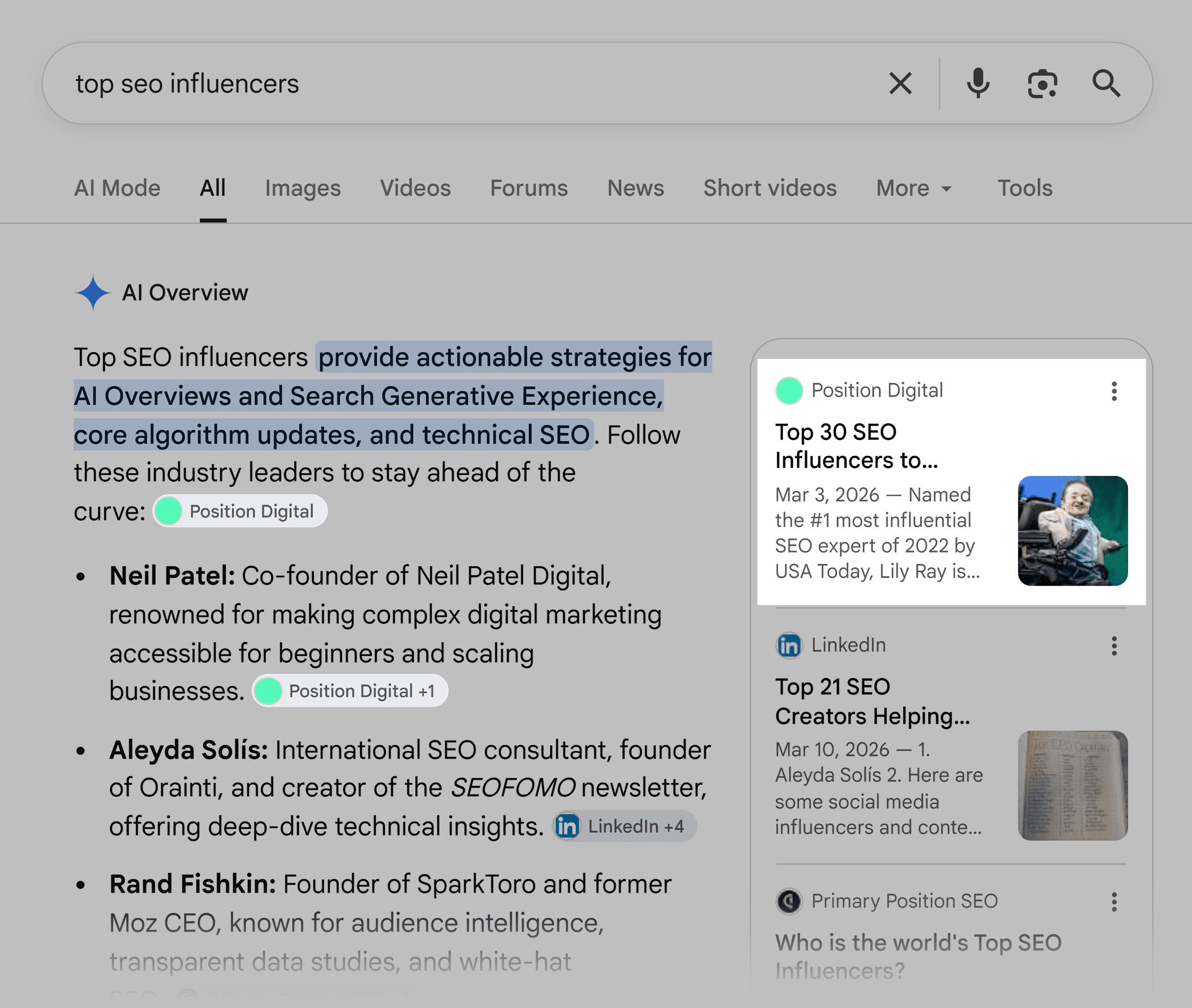 Google SERP &ndash; Top SEO influencers &ndash; AI Overview