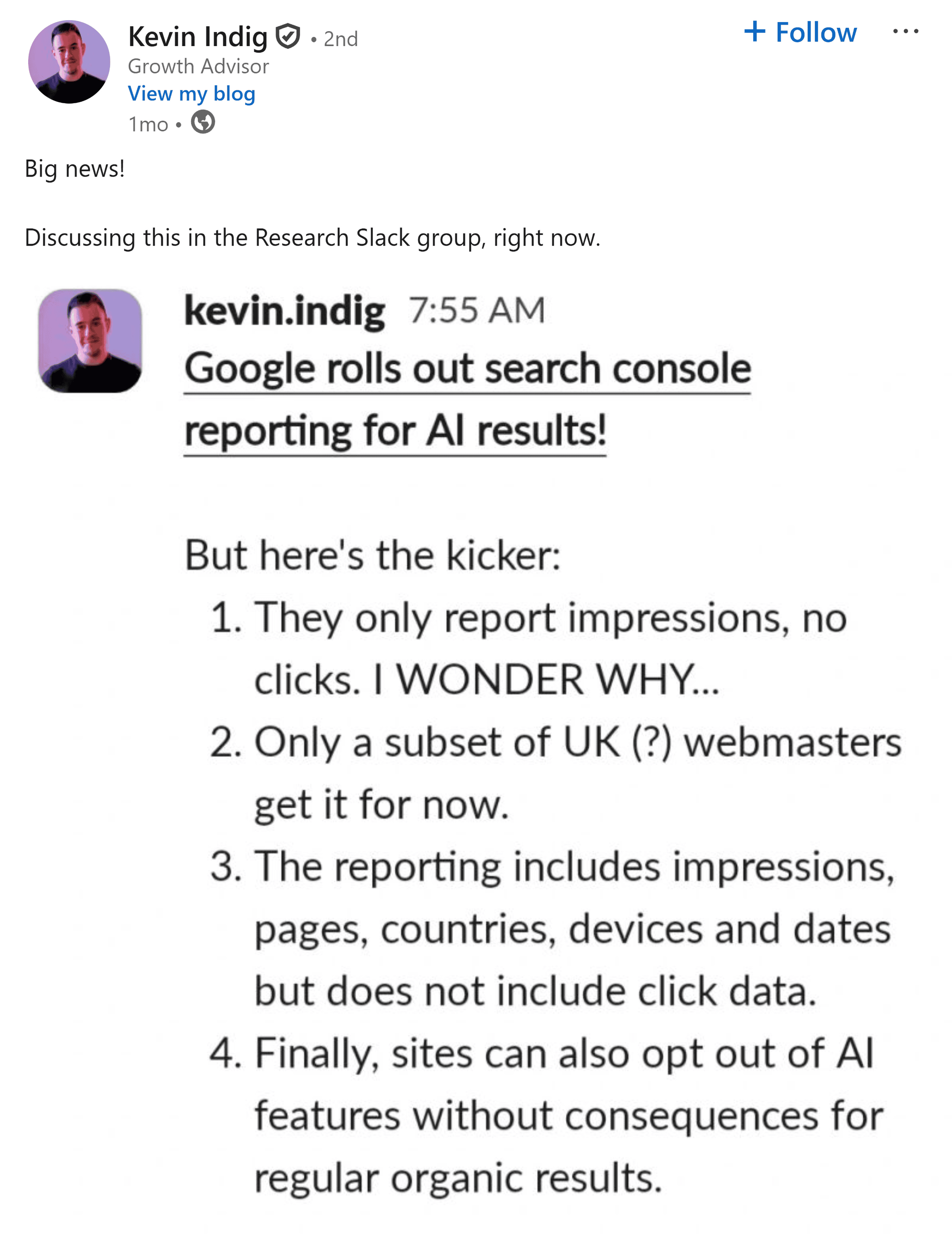 LinkedIn &ndash; Kevin Indig post