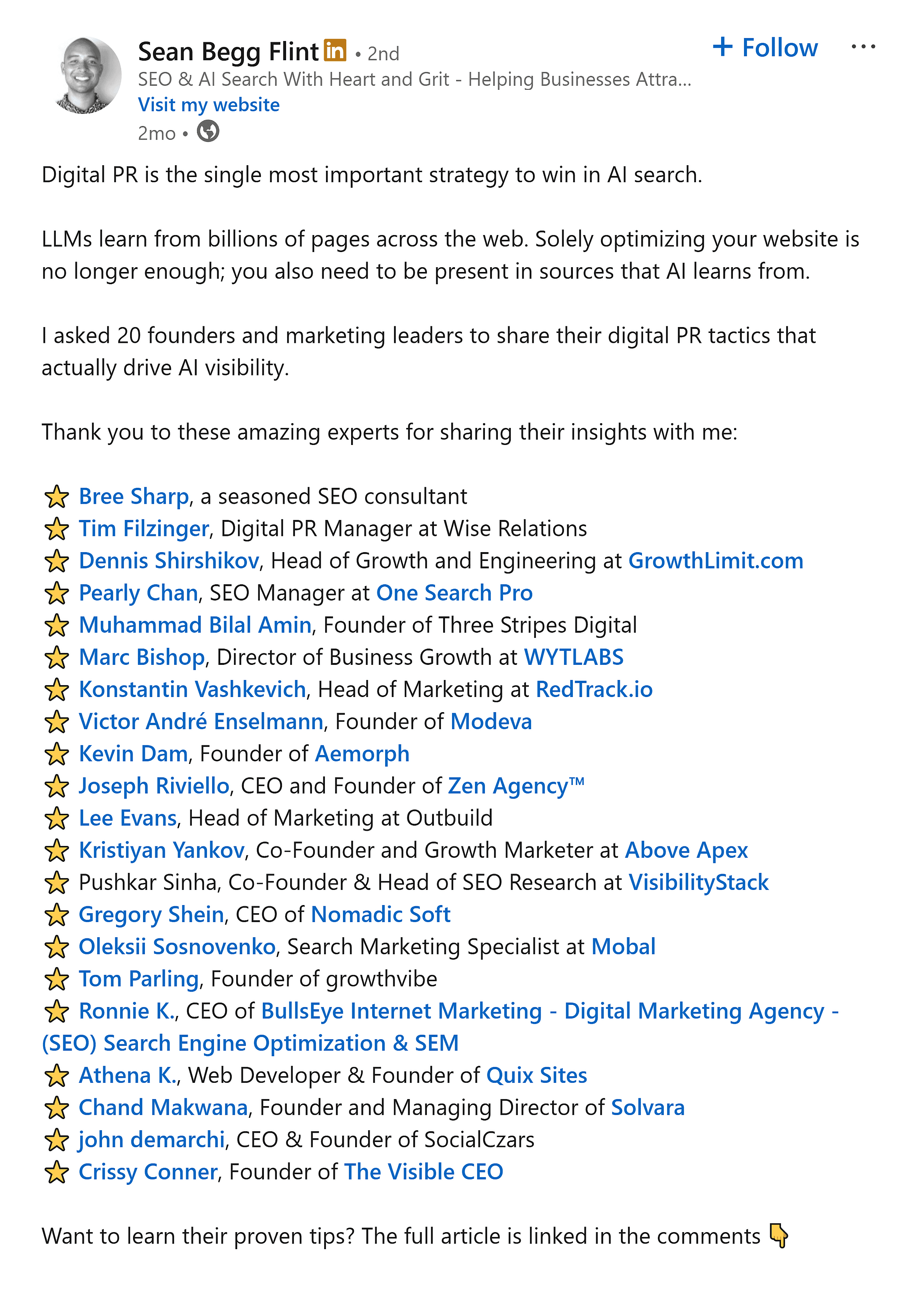 LinkedIn &ndash; Sean Begg Flint post