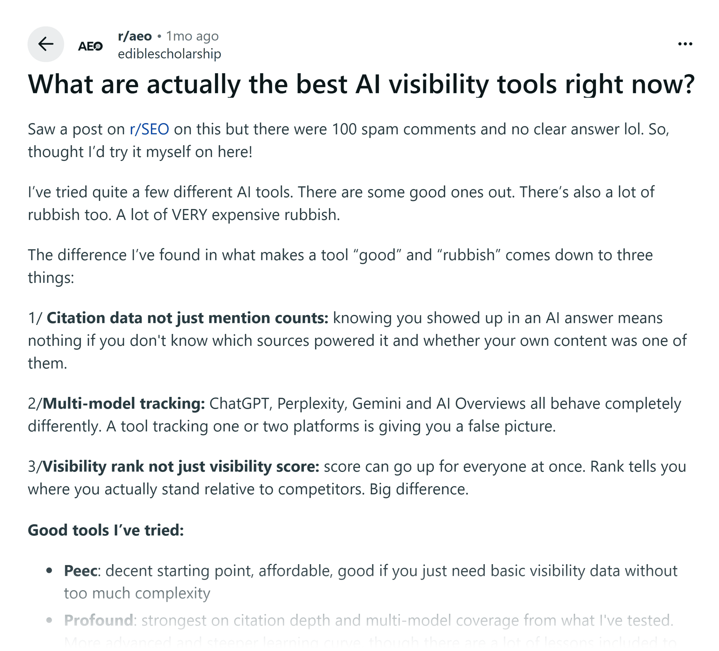 Reddit &ndash; AEO &ndash; Best AI visibility tools