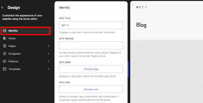 New 'Identity' tab in site editor