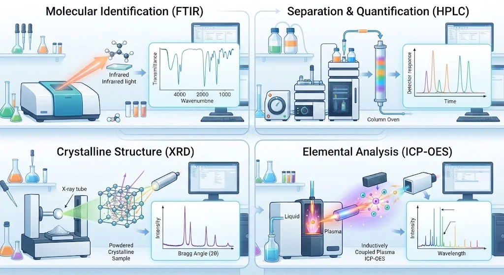 راهنمای انتخاب بهترین روش‌های آنالیز مواد شیمیایی؛ از FTIR و HPLC تا XRD و ICP-OES